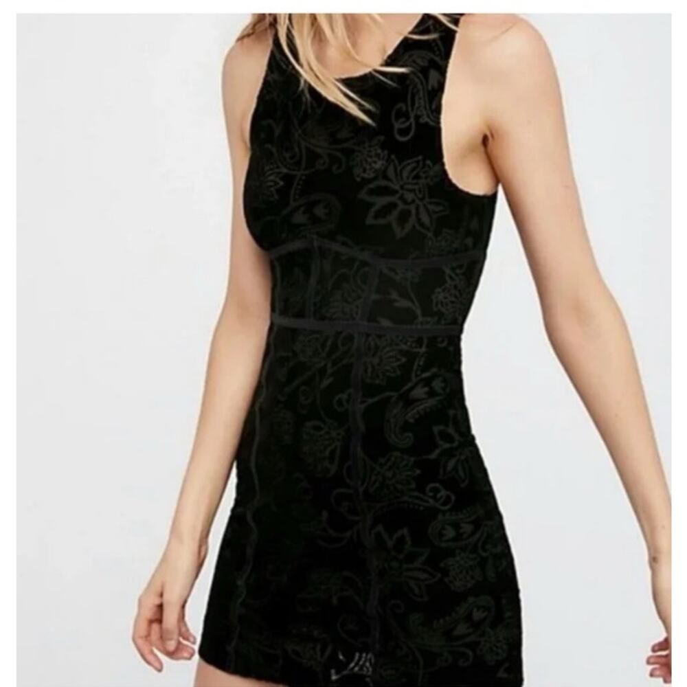 Free People Black Velvet Mini Dress L Bodycon Keyhole Back Sleeveless Party